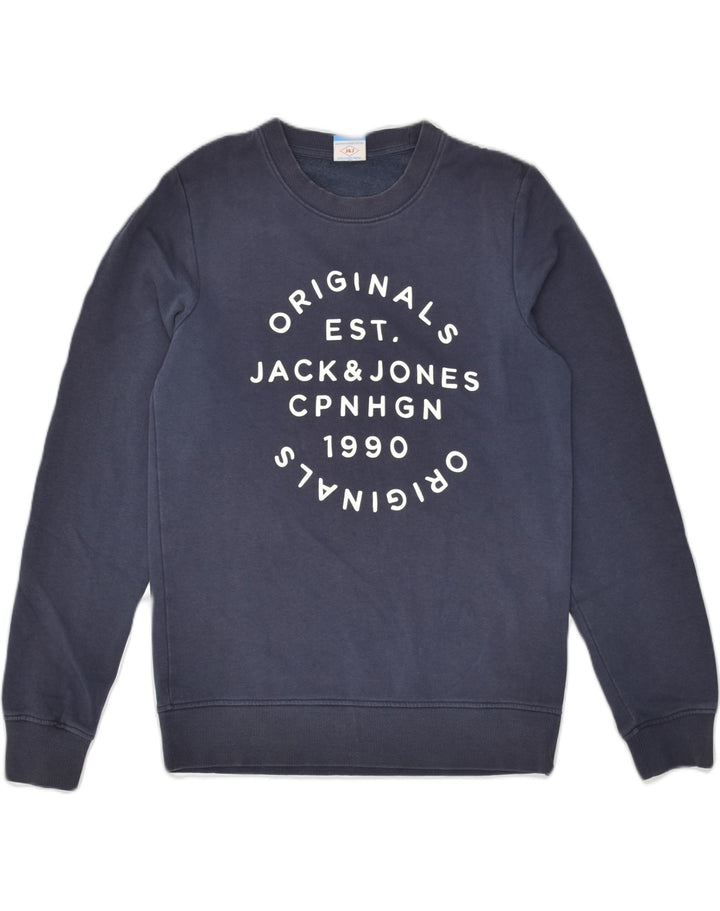 JACK & JONES Mens Graphic Sweatshirt Jumper Small Navy Blue Cotton Vintage Jack & Jones and Second-Hand Jack & Jones from Messina Hembry 