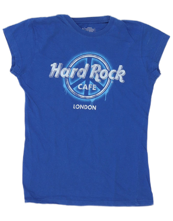 T-shirt grafica da donna Hard Rock Cafe London UK 12 cotone blu medio