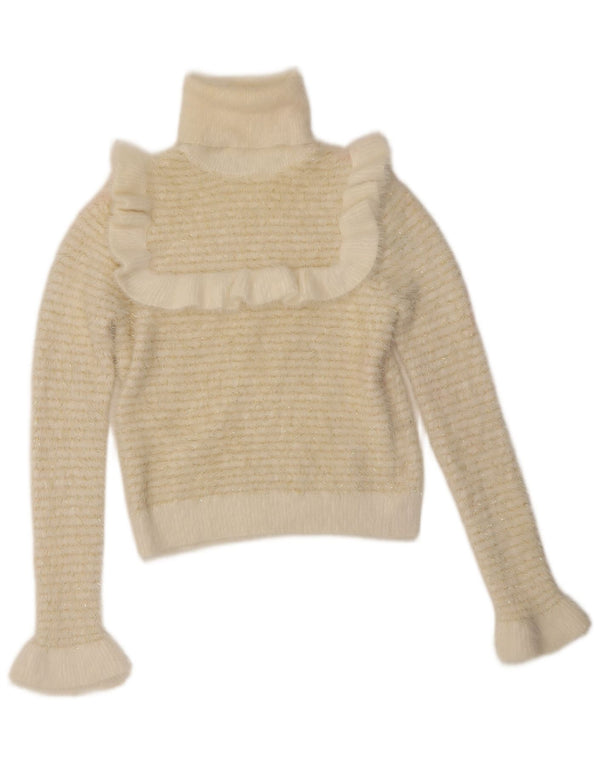 Zara Dame Flæse Front Rullehals Jumper Sweater UK 10 Lille hvid stribet
