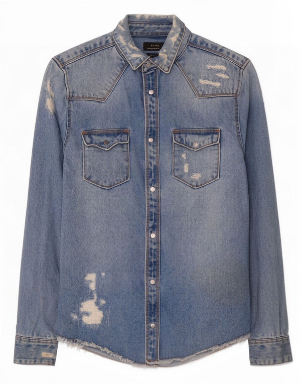 Zara Herre Distressed Relaxed Fit denimskjorte lille blå bomuld