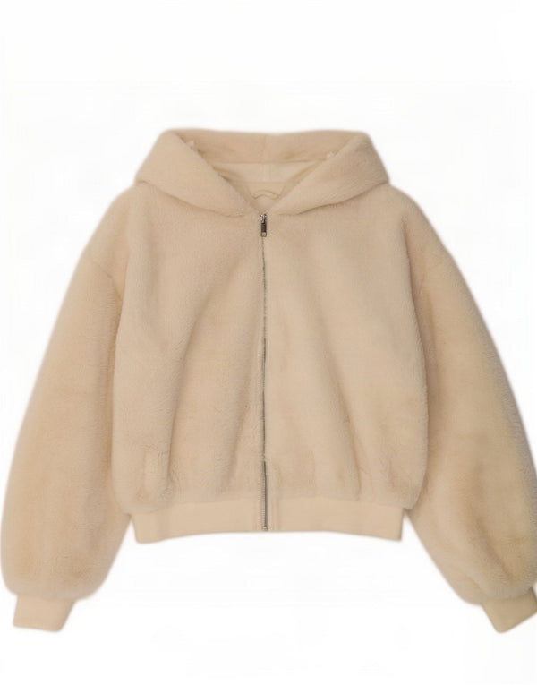 Topshop Womens Teddy Bear Hooded Bomber Jacket UK 10 Small Off White