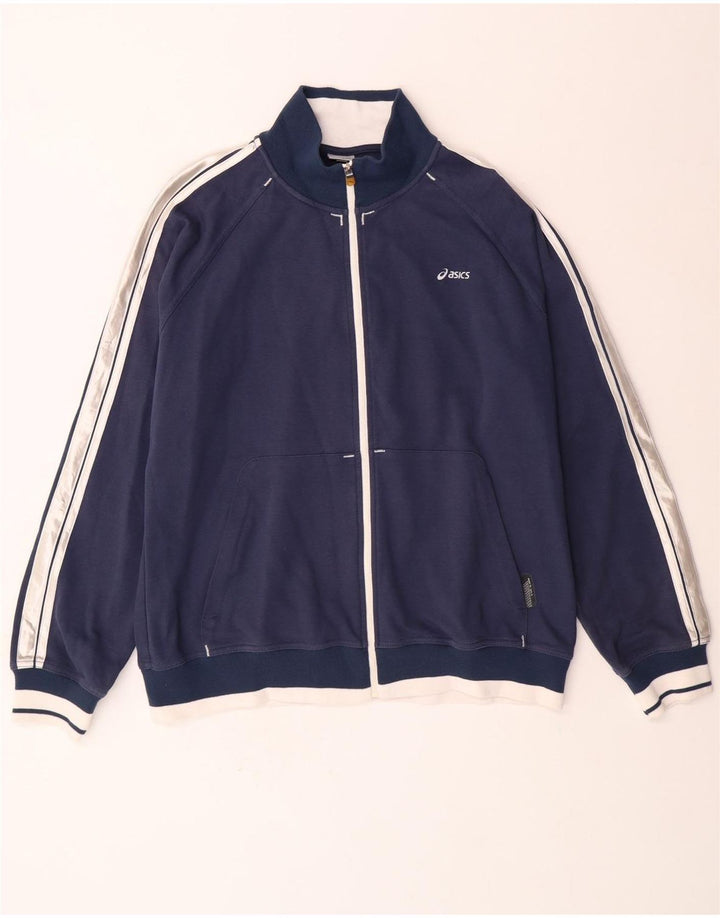 ASICS Mens Tracksuit Top Jacket 2XL Navy Blue Colourblock Cotton