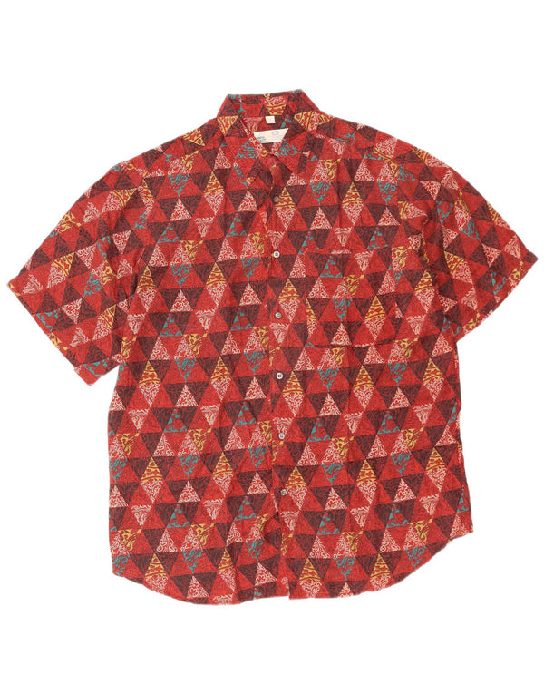 New Fast Mens Short Sleeve Shirt Size 39/40 Medium Burgundy Geometric Silk