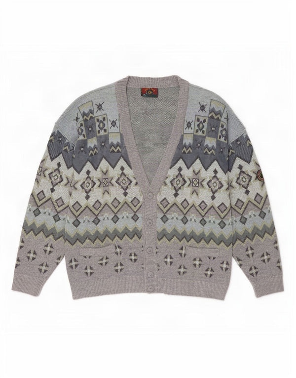 Navigare Herren-Cardigan-Pullover 2XL Graue geometrische Lammwolle