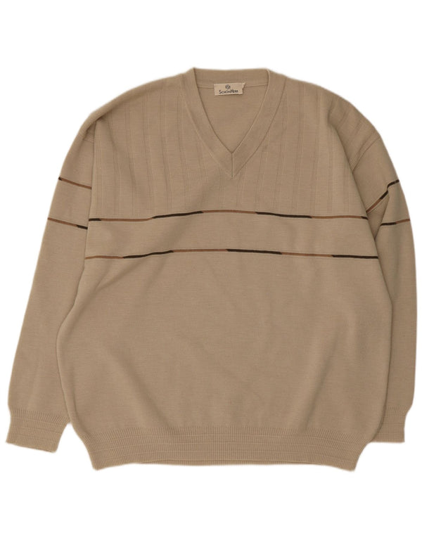 Vintage Herre V-hals sweater IT 50 Medium Beige Stribet polyakryl