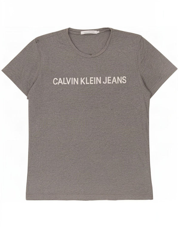 Camiseta masculina Calvin Klein Jeans com estampa gráfica grande algodão manchado cinza