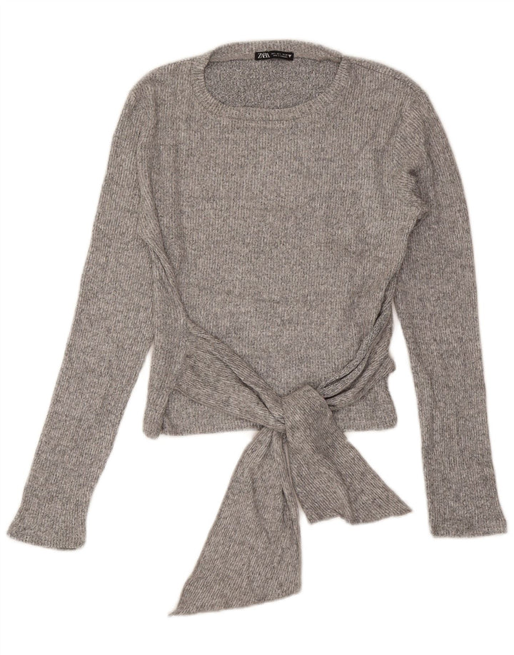 Zara Womens Front Tie Crop Top Long Sleeve UK 14 Large Grey Viscose
