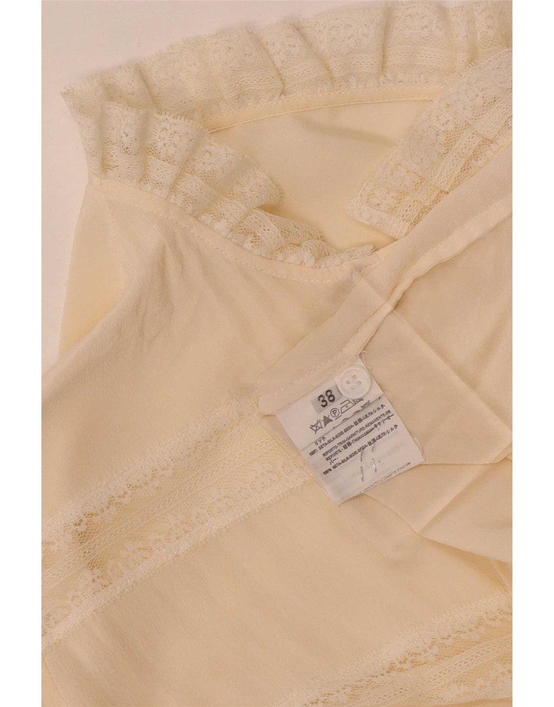 Vintage Womens Shirt Blouse EU 38 Medium Beige Striped Silk