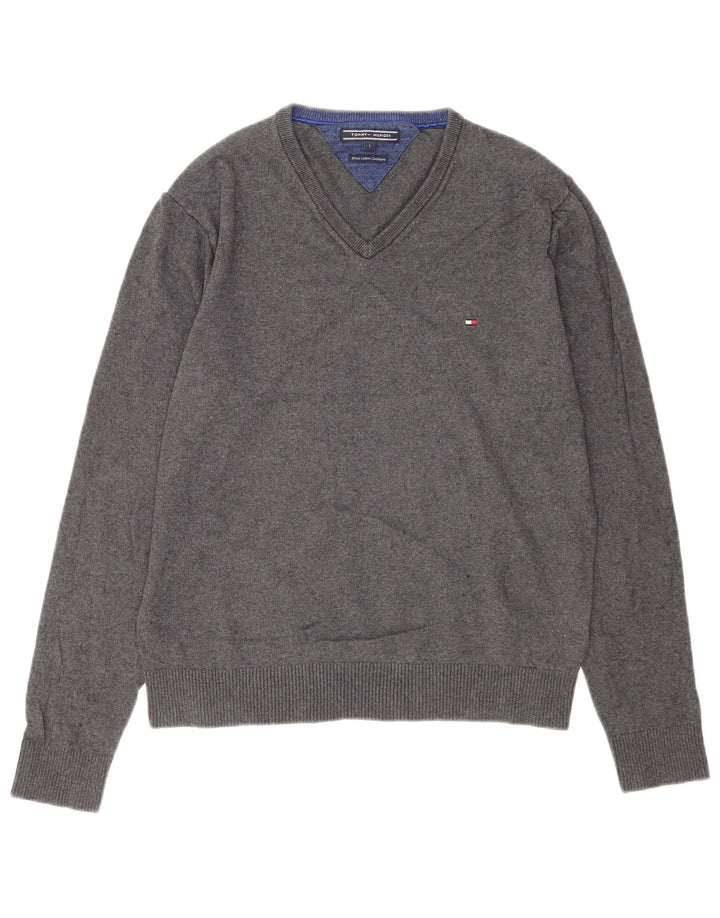 Tommy Hilfiger Mens V-Neck Jumper Sweater Large Grey Cotton