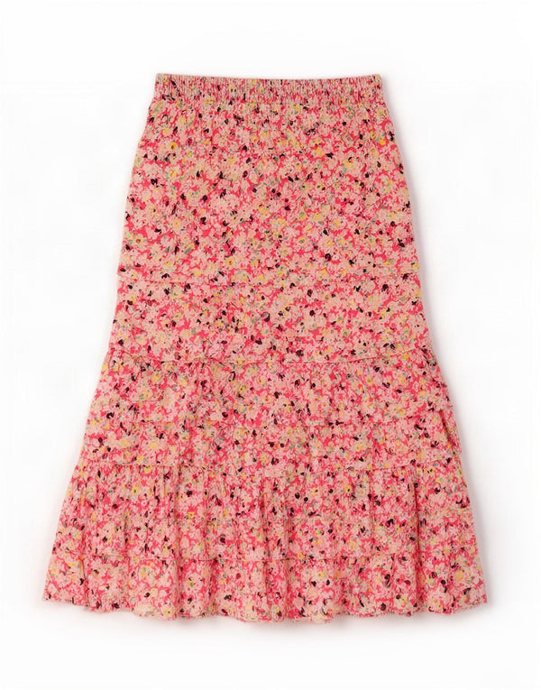 Marks & Spencer Womens Tiered Skirt UK 10 Small W28 Pink Floral Cotton