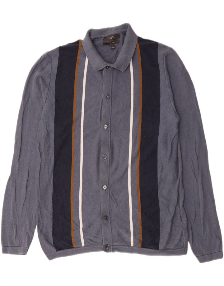 Marks & Spencer Mens Cardigan Sweater Large Navy Blue Striped Cotton