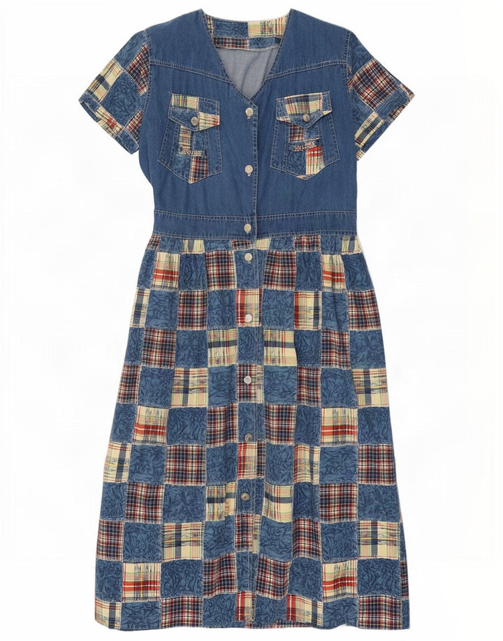 Abito in denim vintage da donna UK 14 Patchwork blu medio