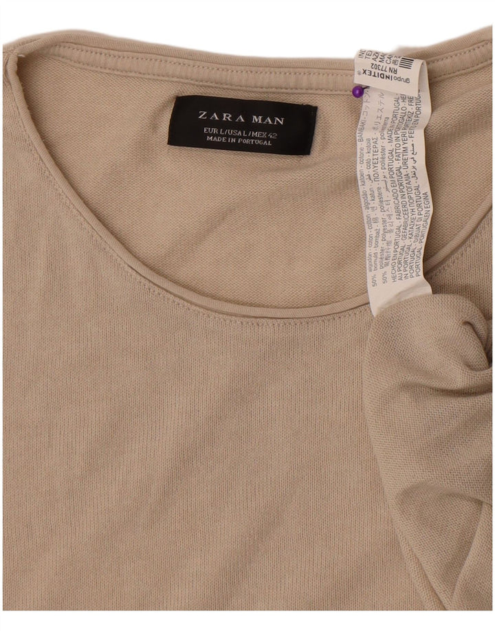 Zara Mens T-Shirt Top Large Beige Cotton