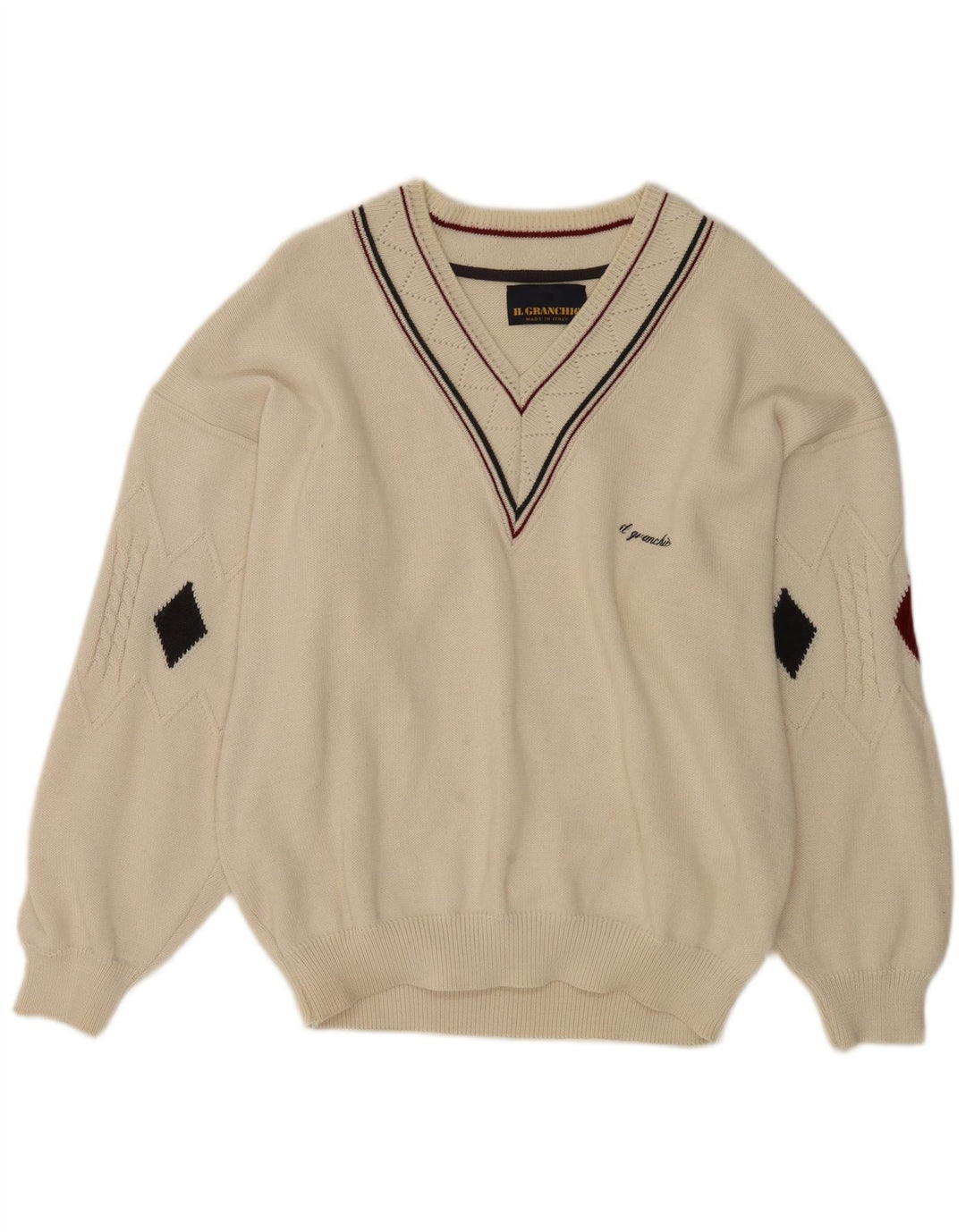 Il Granchio Maglione da uomo con scollo a V grande bianco a rombi/diamante