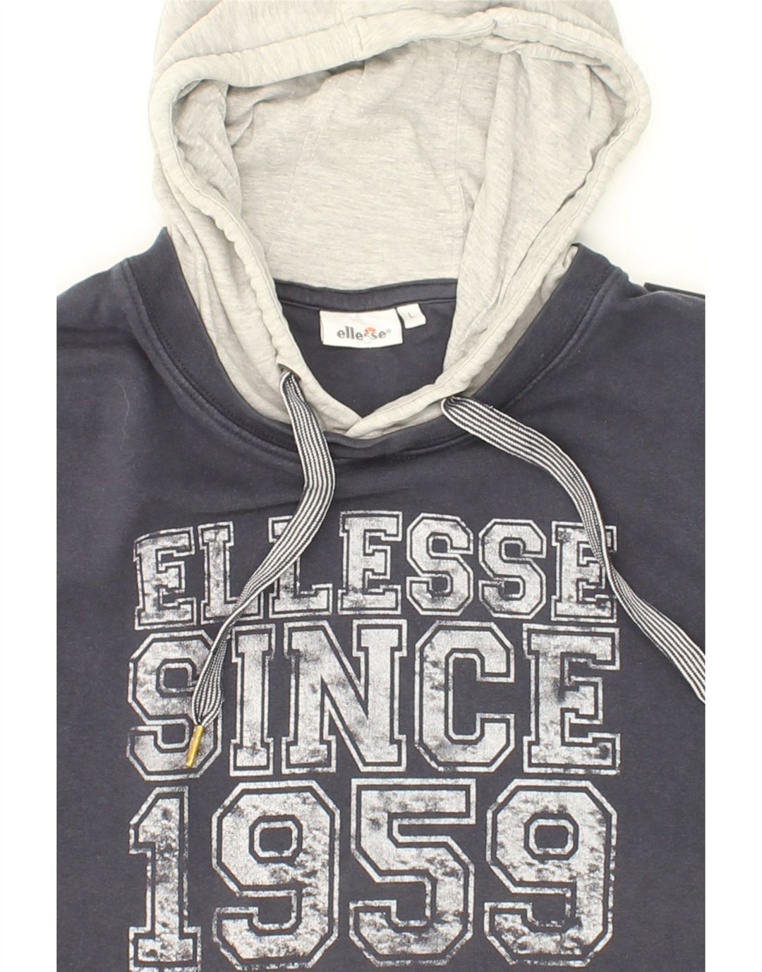 ELLESSE Mens Graphic Hoodie Jumper Large Navy Blue Cotton Vintage Ellesse and Second-Hand Ellesse from Messina Hembry 
