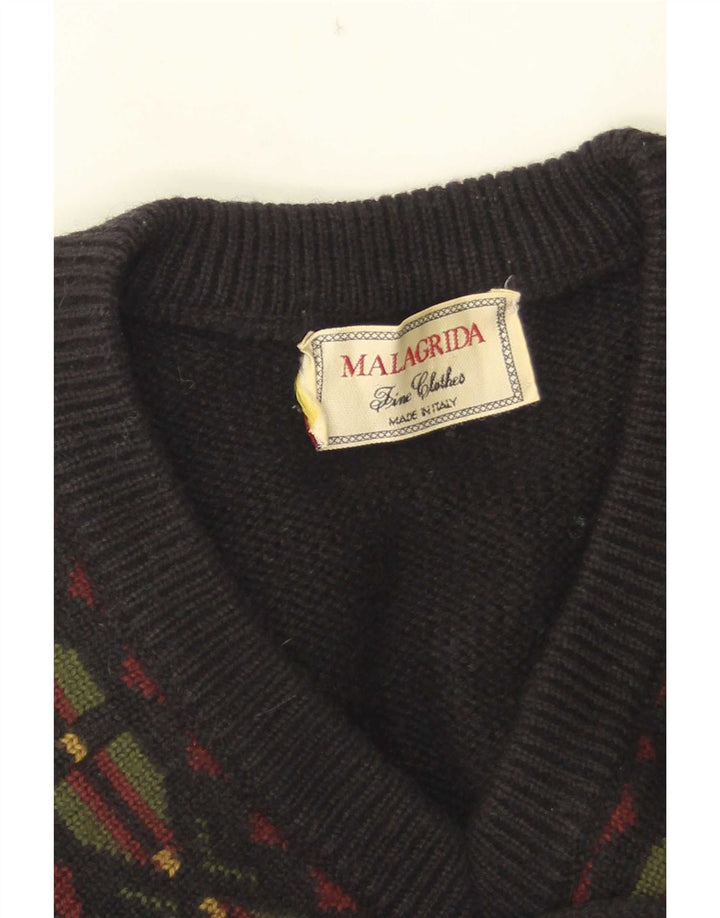 Malagrida Mens V-Neck Jumper Sweater Large Black Geometric