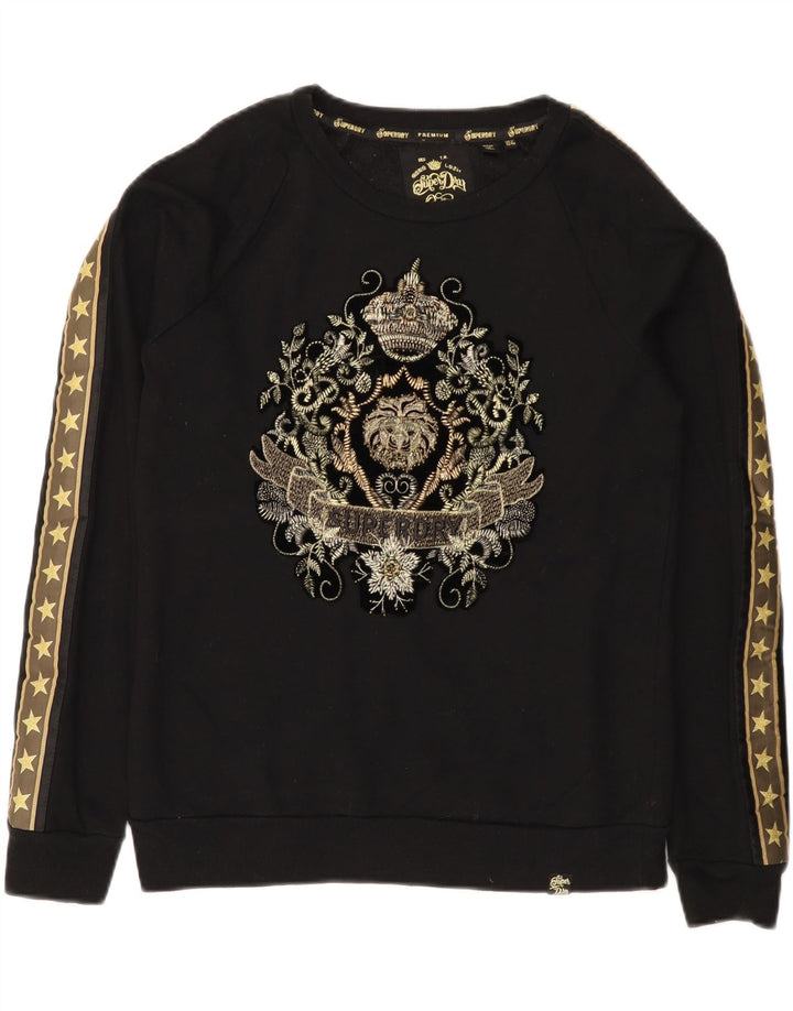 Superdry Womens Graphic Sweatshirt Jumper UK 12 Medium Black Cotton