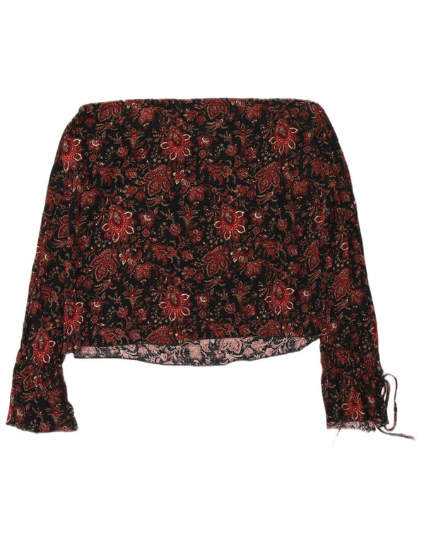 Zara Damen Crop Long Sleeve Off Shoulder Top UK 16 Large Schwarz geblümt