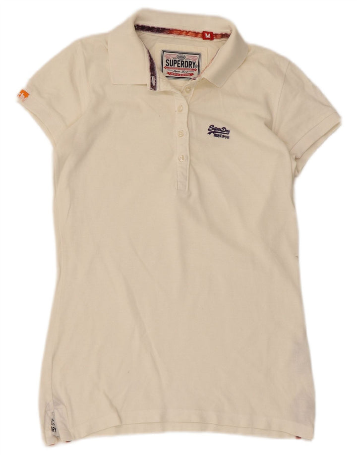Superdry Womens Polo Shirt UK 12 Medium Off White Cotton