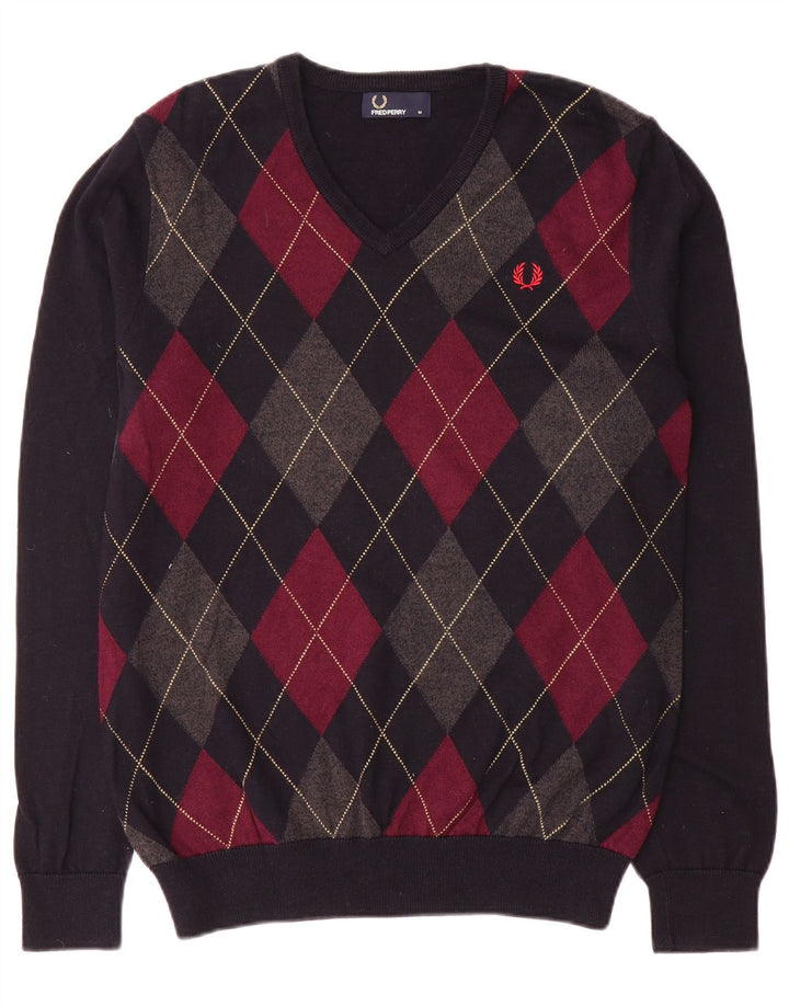 Fred Perry Mens V-Neck Jumper Sweater Medium Navy Blue Argyle/Diamond