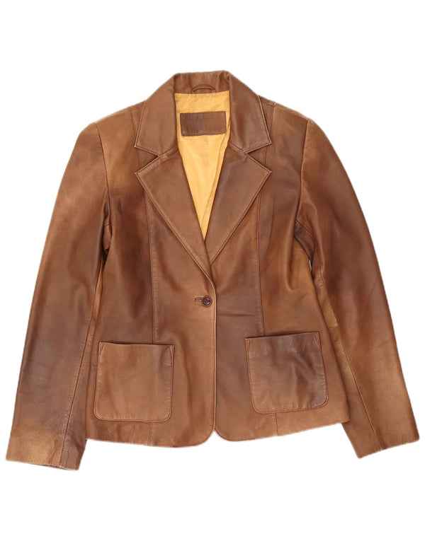 Giacca blazer in pelle vintage da donna a 1 bottone UK 10 piccola marrone