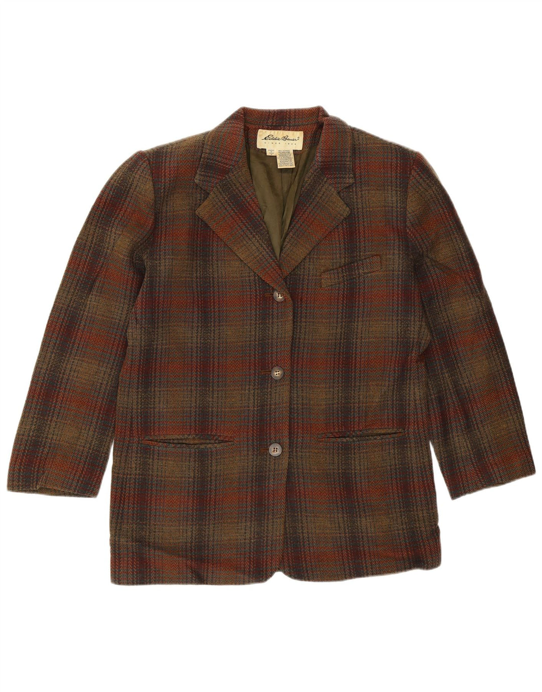 Eddie Bauer Womens 3 Button Blazer Jacket UK 14 Medium Brown Plaid Wool