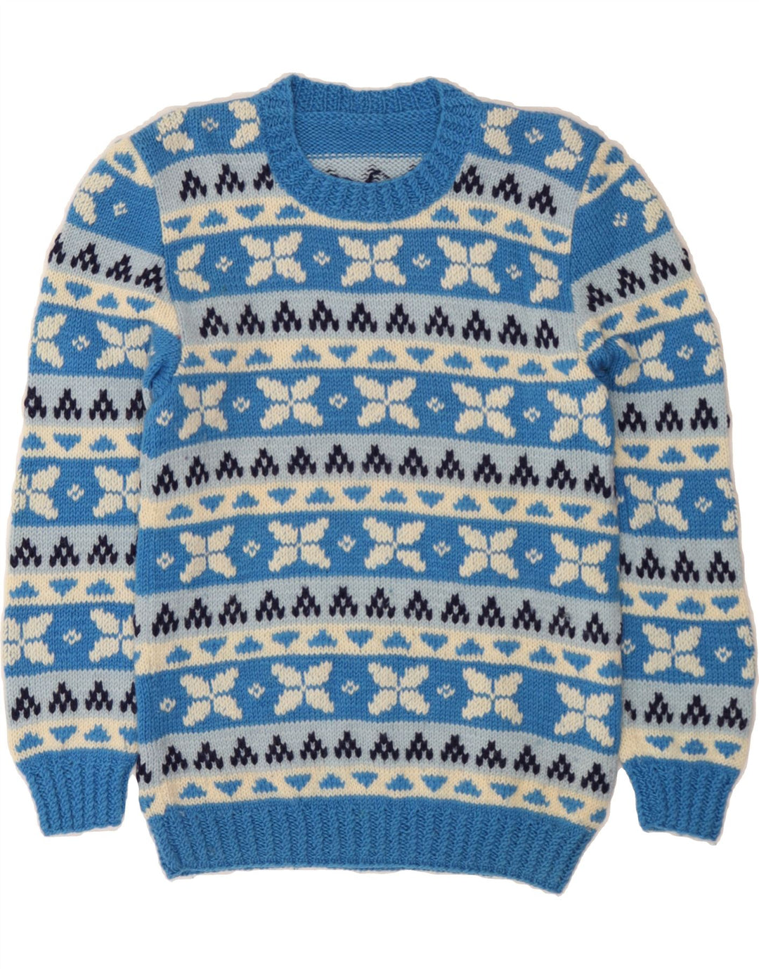 VINTAGE Mens Crew Neck Jumper Sweater Small Blue Fair Isle