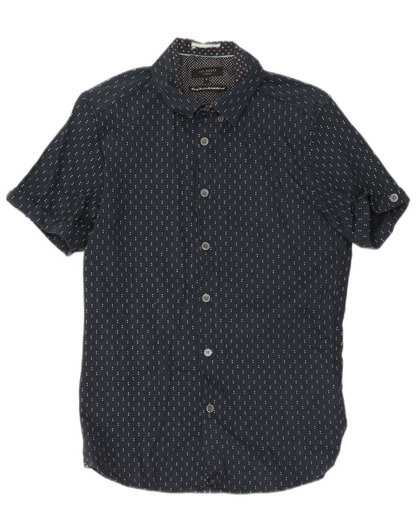 Ted Baker Camisa de manga corta para hombre Talla 3 Mediana Azul marino Algodón geométrico