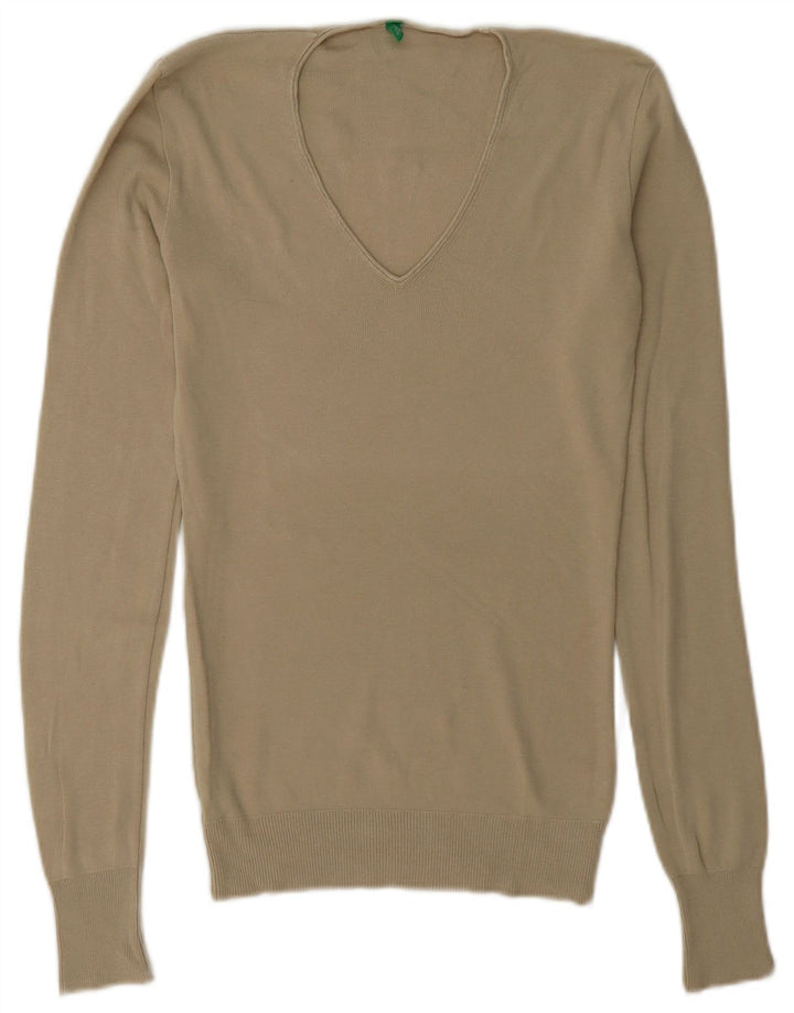 Benetton Womens V-Neck Jumper Sweater UK 8 Small Beige