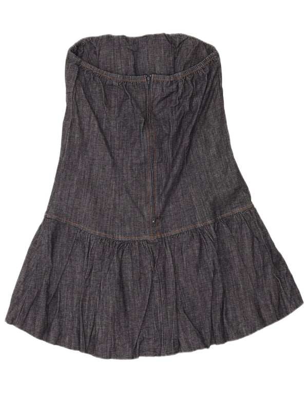 Vintage Dame Denim Mini Stropløs Kjole UK 14 Stor Marineblå Bomuld