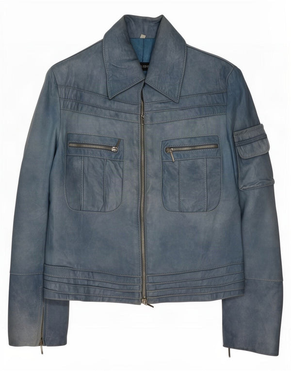 Vintage mujer chaqueta de cuero Reino Unido 10 pequeño azul