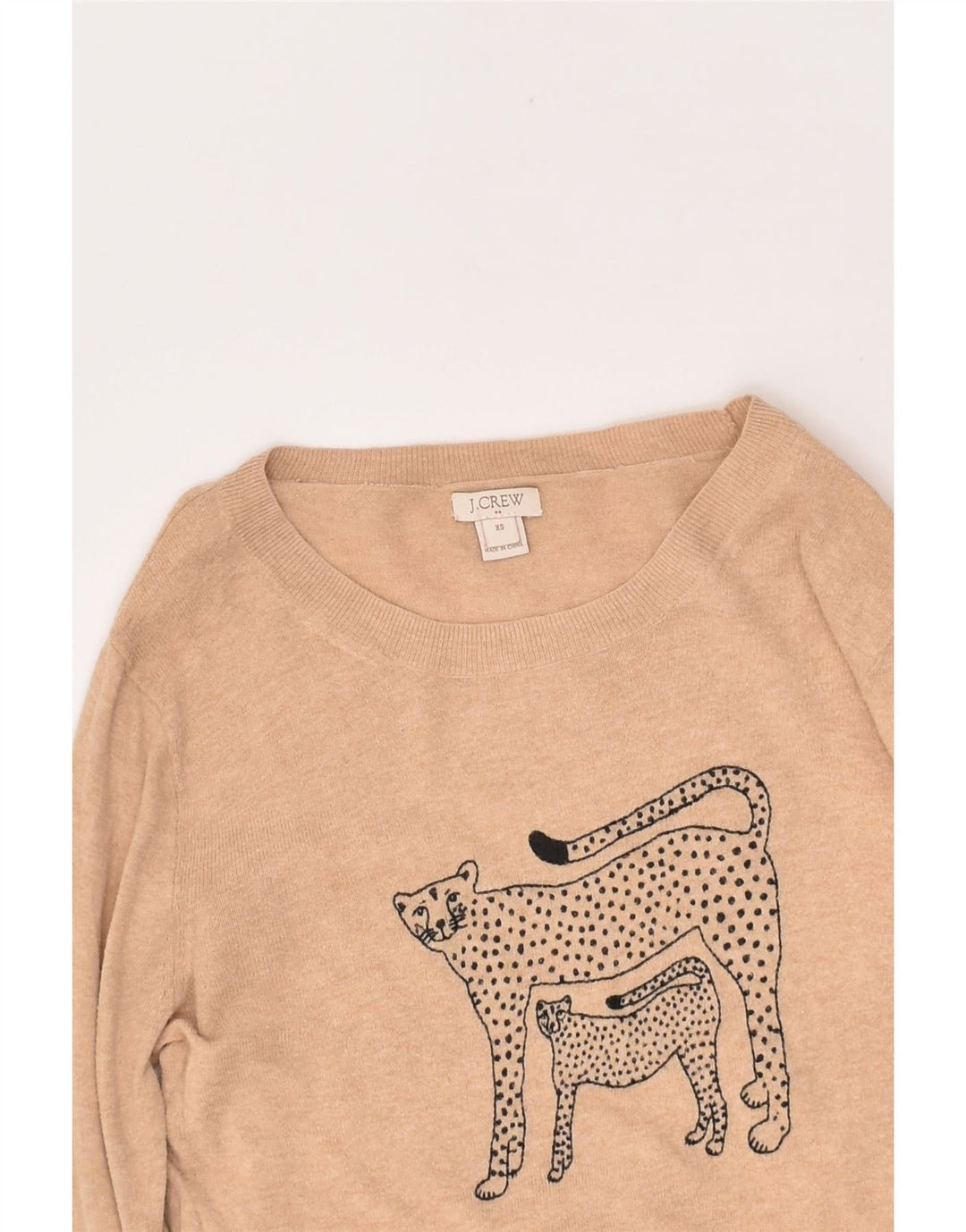 J. CREW Womens Graphic Crew Neck Jumper Sweater UK 6 XS Beige Animal Print | Vintage J. Crew | Thrift | Second-Hand J. Crew | Used Clothing | Messina Hembry 
