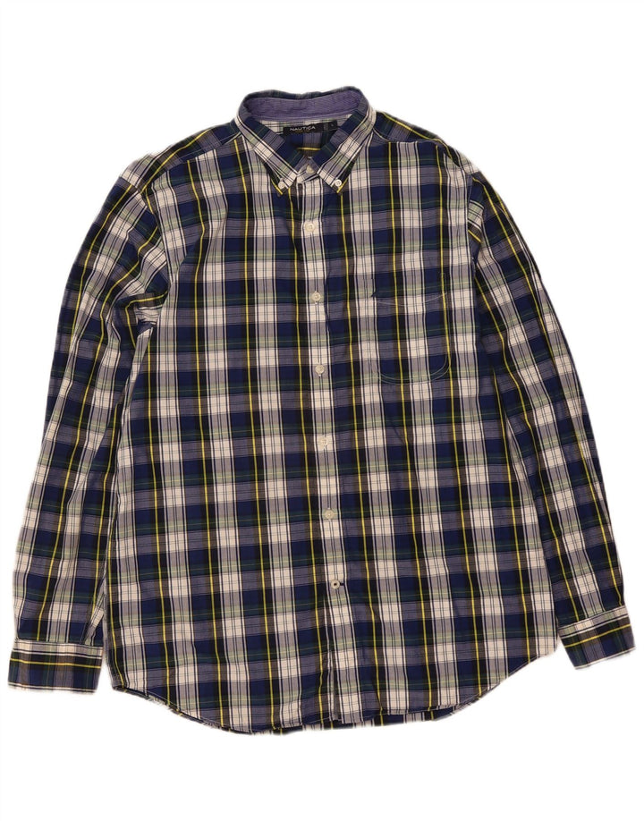 Nautica Mens Shirt Large Navy Blue Check Cotton