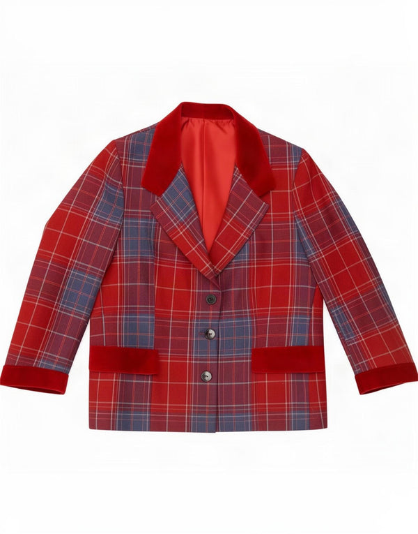 Vintage Womens 3/4 Sleeve 3 Button Blazer Jacket UK 16 Large Red Plaid