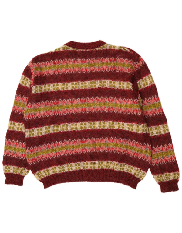 Benetton Herre Crew Neck Jumper Sweater Medium Burgundy Stribet Mohair Retro