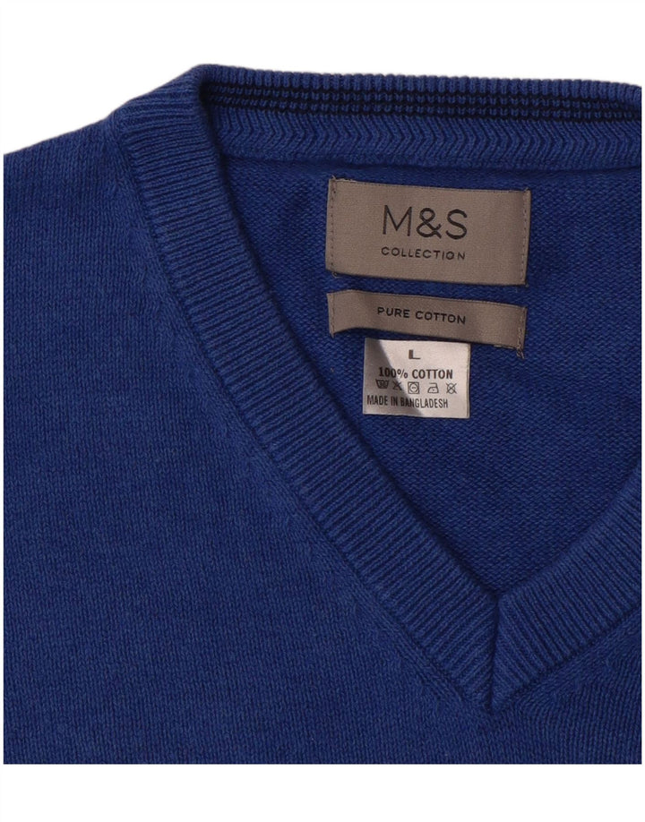 Marks & Spencer Mens V-Neck Jumper Sweater Large Blue Cotton