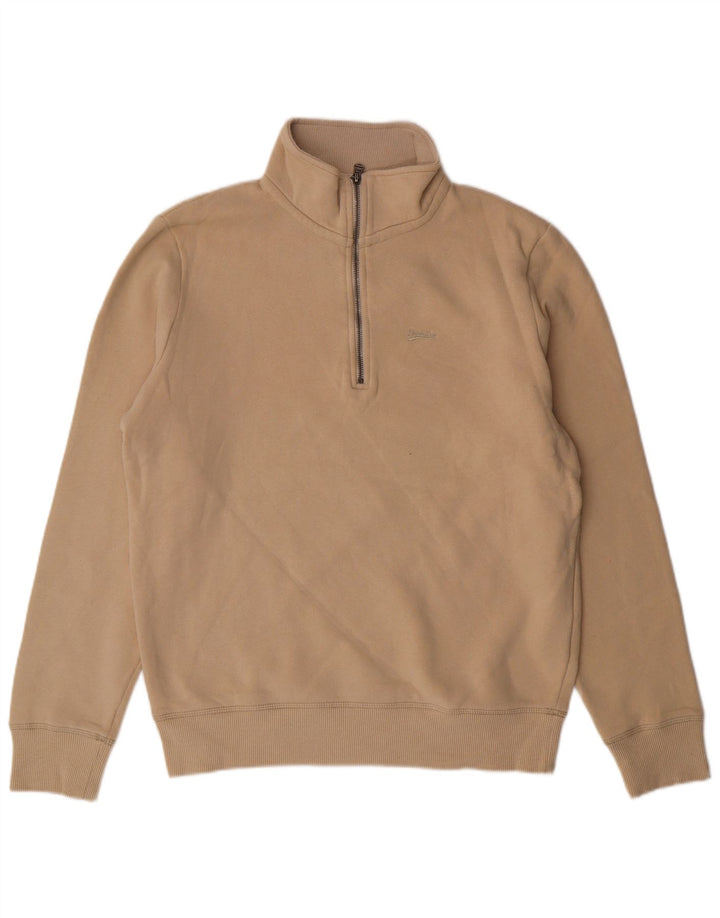 SUPERDRY Mens Zip Neck Sweatshirt Jumper Large Beige Cotton