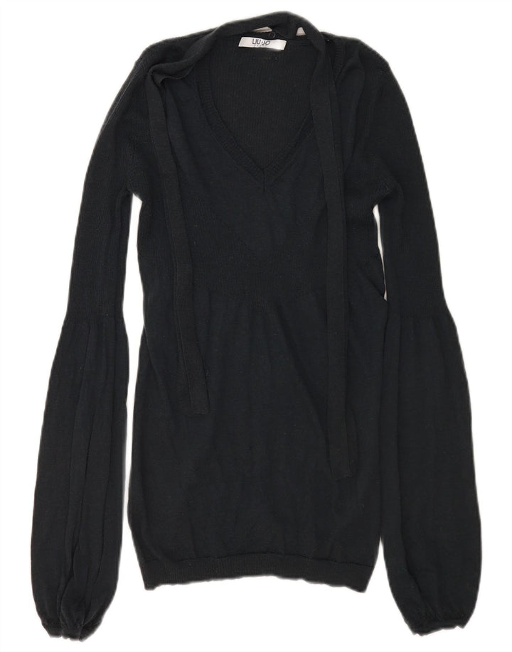 Liu Jo Womens Front Tie V-Neck Jumper Sweater UK 10 Small Black Wool