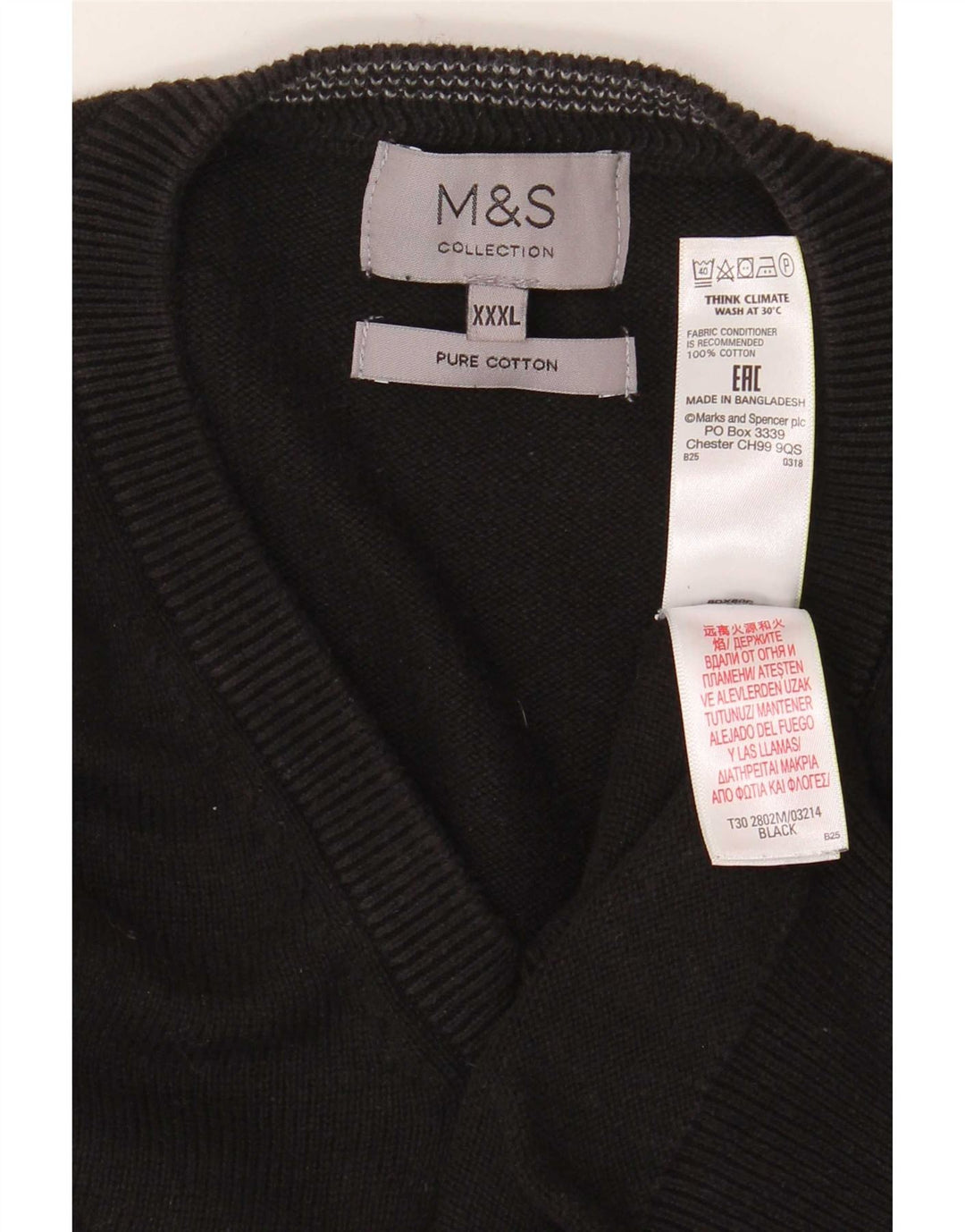 Marks & Spencer Mens V-Neck Jumper Sweater 3XL Black Cotton
