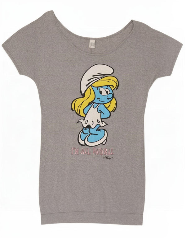 Benetton T-shirt grafica da donna I Puffi Top UK 12 Grigio medio