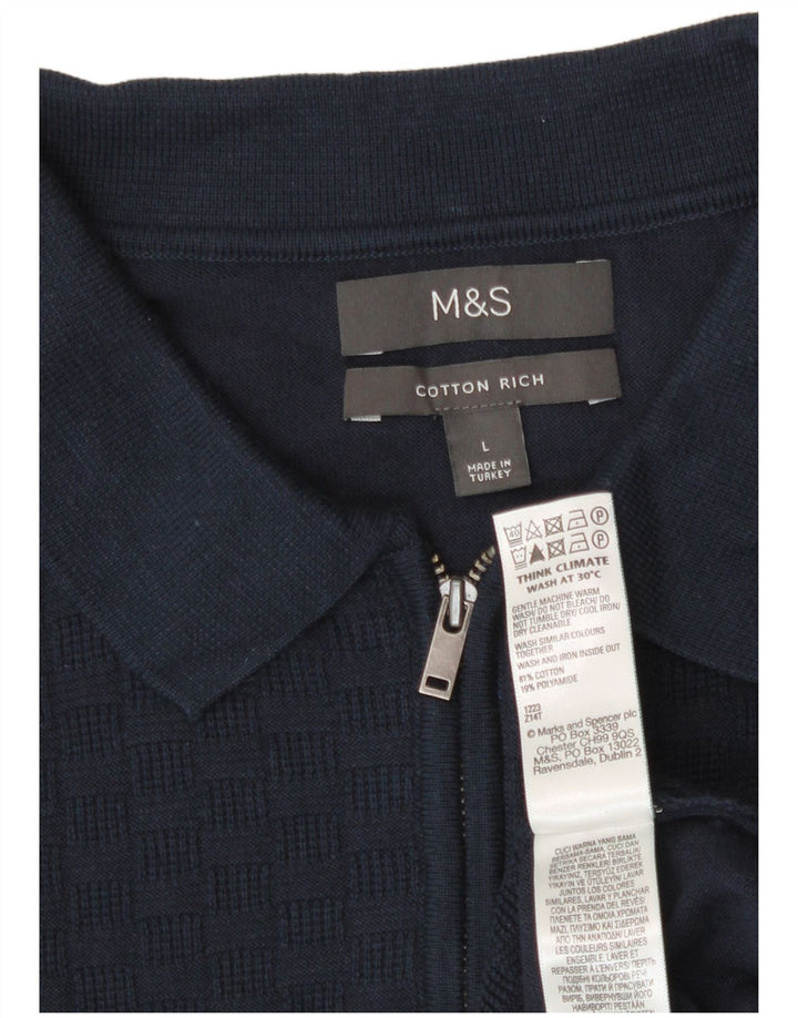 Marks & Spencer Mens Polo Neck Jumper Sweater Large Navy Blue Geometric