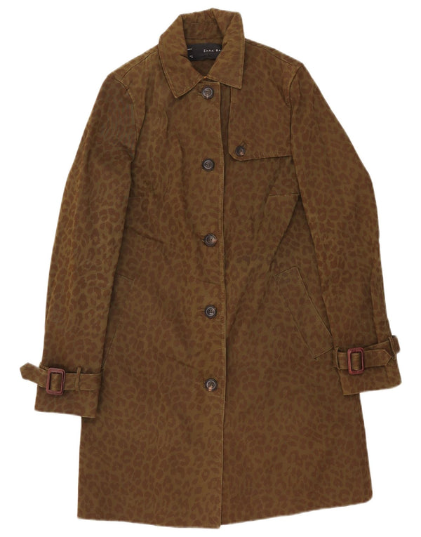 Zara Womens Trench Coat UK 10 Small Khaki Animal Print Bomuld