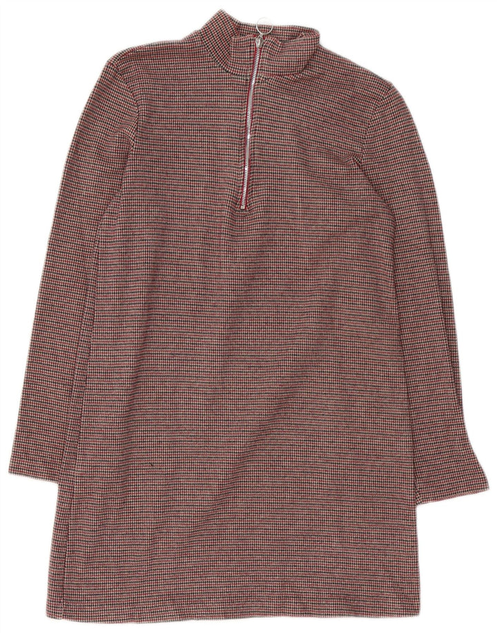 Zara Dame Langærmet Skift Kjole UK 12 Medium Brown Houndstooth