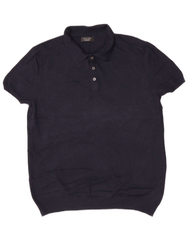 Zara Mens Short Sleeve Polo Neck Jumper Sweater Large Navy Blue