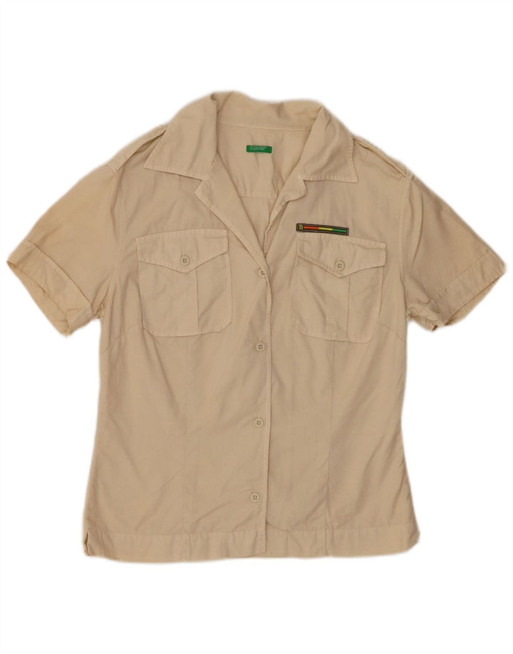 Benetton Womens Short Sleeve Shirt UK 12 Medium Beige Cotton
