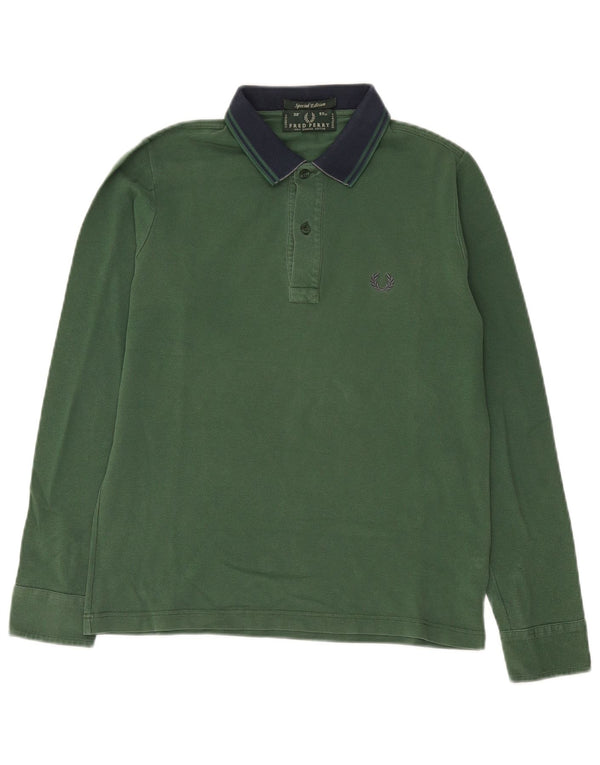 Fred Perry Mens Long Sleeve Rugby Polo Shirt Small Green Colourblock Cotton