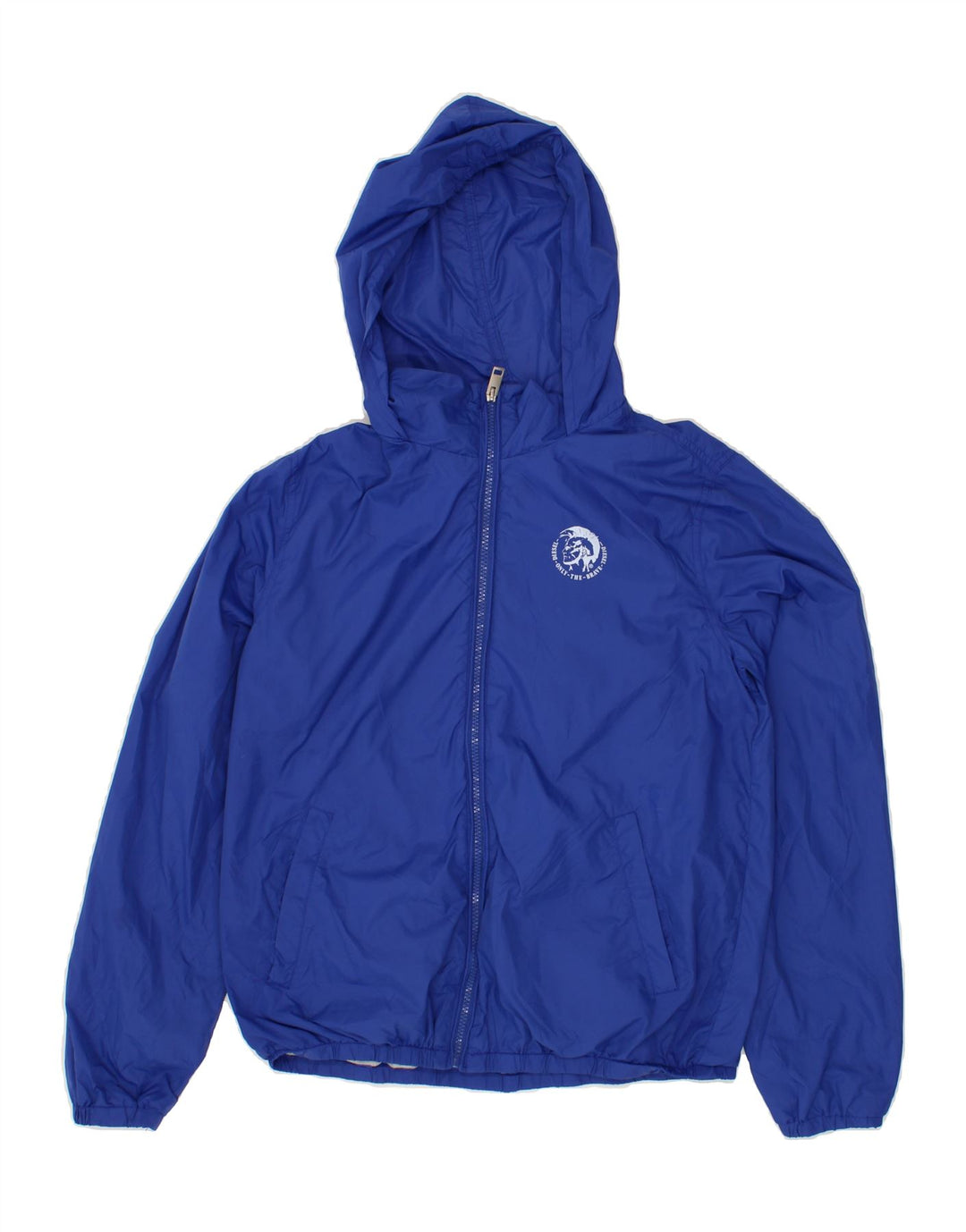 DIESEL Boys Graphic Hooded Rain Jacket 15-16 Years Blue Nylon Vintage Diesel and Second-Hand Diesel from Messina Hembry 
