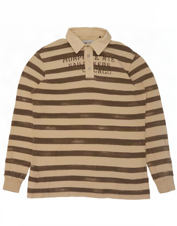 Murphy & Nye Mens Graphic Long Sleeve Polo Shirt 2XL Beige Striped Cotton