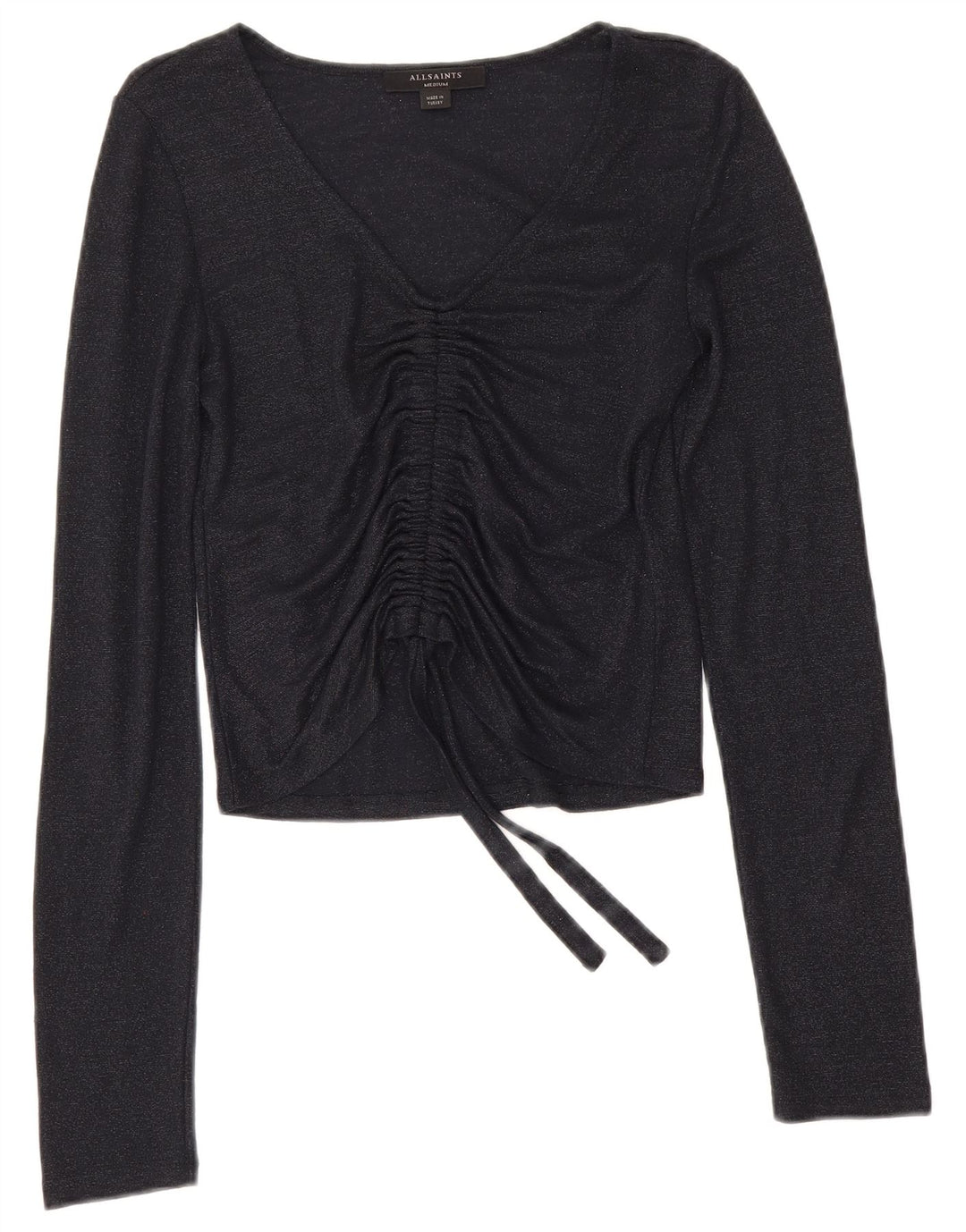 Top corto da donna All Saints a maniche lunghe UK 12 viscosa blu navy medio