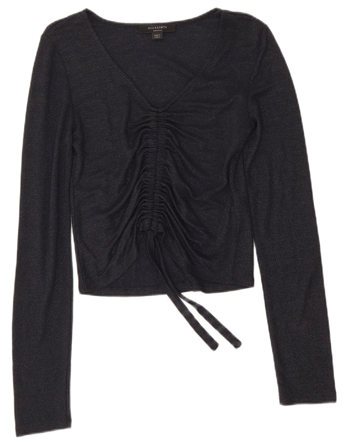 Top corto da donna All Saints a maniche lunghe UK 12 viscosa blu navy medio